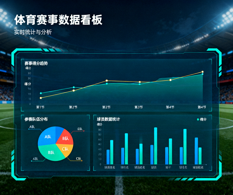 体育赛事数据看板与统计图表界面示意